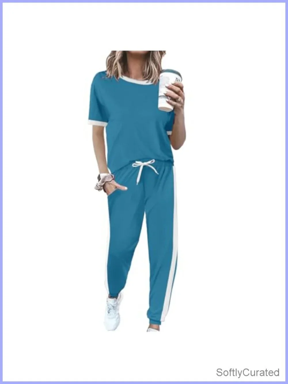 Summer Casual 2 Piece Lounge Set Short Sleeve Top Joggers with Pockets